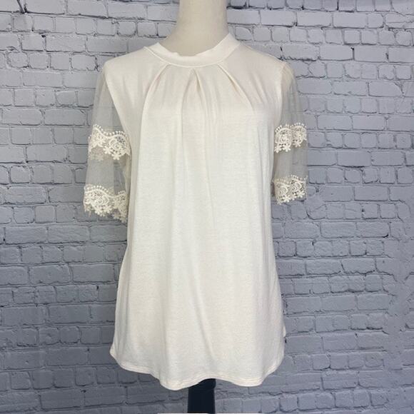 Willow Lace Sleeve Keyhole Button Blouse Cream Crew Neck Top Women's X- Large - Picture 1 of 9